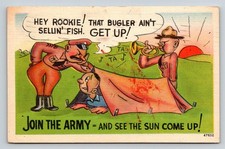 1943 WWII Military Humor Postcard Rookie Bugler Get Up Join The Army Cartoon