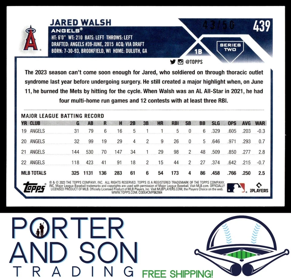 Jared Walsh 2023 Topps Father's Day Powder Blue /50 #439 Los Angeles Angels - Image 2 of 2