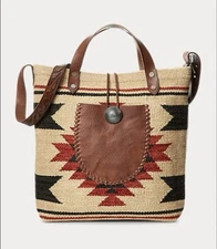 Ralph Lauren DOUBLE RL Handwoven Jacquard Bag In Cream/red/brown