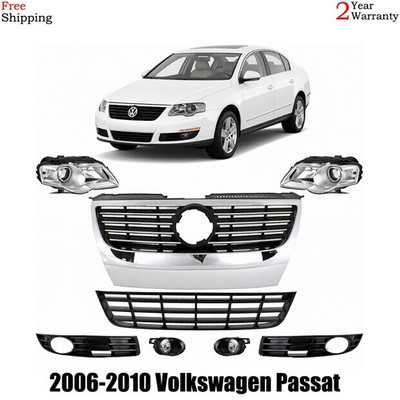 Front Grille Assembly & Headlight Assembly Kit For 2006-2010 Volkswagen Passat