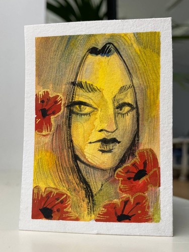 ACEO Original Painting Poppy Flower Dream 2.5x3.5 Card