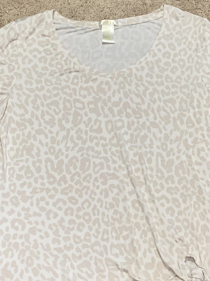 Camisa Matty M Mujer Talla Pequeña Blanca Beige Estampado Animal Ligera Corbata Frontal Foto 3 de 4