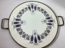 Vintage Round Ceramic Trivet Metal Stand Fixed Hot Plate Blue Colored 12 Inches