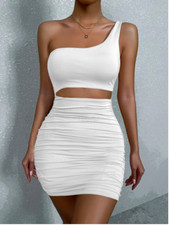 White One Shoulder Cutout Ruched Bodycon Dress Sz XS S M L