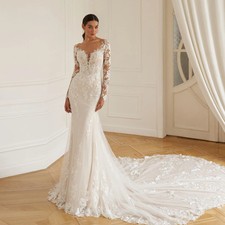 Mermaid Sexy Wedding Dresses Long Sleeve Lace Appliques Chapel Train Bridal Gown