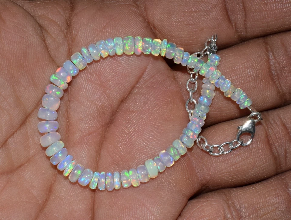 925 Sterlingsilber Natürlich Äthiopische Opal Edelstein Perlen 7 " Armband F1721 - Bild 3 von 4