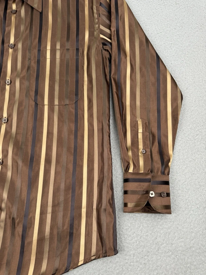 LEONARDI 意大利衬衫男式 S 棕色长袖纽扣条纹 — 第 2/4 张图片