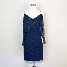ADRIANNA PAPELL Women Size 4 Navy Cold Shoulder Short Beaded Sheath Dress