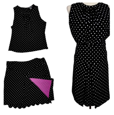 Per Se Women s 0 XS 100% SILK Skirt Top Dress Set black white polka dots EUC