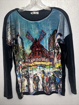 Kazee Women's Gold Label Long Sleeve Moulin Rouge Velvet Top Sequins Sz M Black