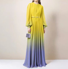 Retro Womens Lantern Sleeve Gradient Dress Slimming Fairy Dress Crew Neck Party