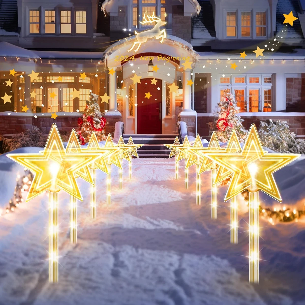 8 Pack Christmas Decorations Outside Twinkling Big Star Solar