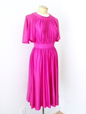 VGC Vtg 70s Hot Fuchsia Pink Silky Satin Knit Disco Dancing Dress Flutter  Slvs S | eBay