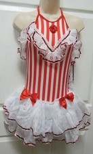 DANCE TAP COSTUME Red White Stripe Halter Leotard Ruffled Eyelet Lace Skirt