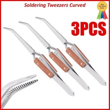 Set of 3 Fiber Grip Tweezers Cross Locking Reverse Action Curved Tip Stainless