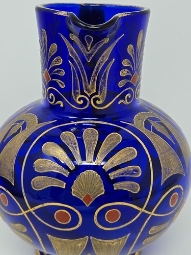 Antique Neoclassical Gilded and Enameled Cobalt Blue Pitcher c. 1880 6 inch - Picture 6 of 12