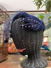 Chic Navy Blue Velvet Velour Cocktail Hat Rhinestones True Vintage 50s Or 60s