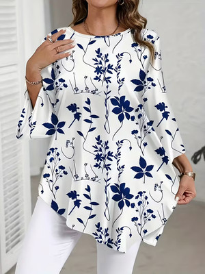 PLUS SIZE 18 20 22 24 26 WHITE BLUE FLORAL TUNIC TOP BLOUSE T SHIRT STRETCHY