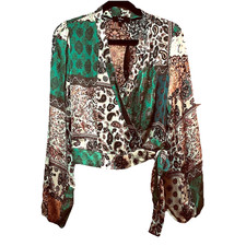 Lulus Green Dinner Party Darling Satin Scarf Wrap Long Sleeve Shirt Sz S NWT