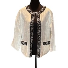 Chicos White Linen Blend Beaded Pearl Trim Open Front Jacket Size 1 Coastal