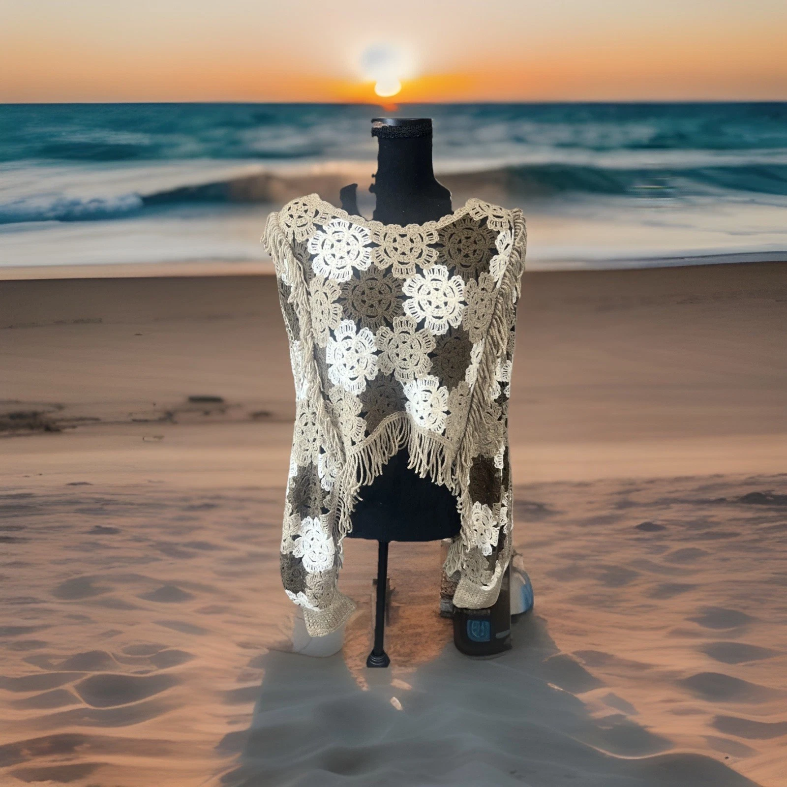 Hand Crochet Floral Batwing Poncho Pullover Fringe Sweater Boho Chic Beach M/L