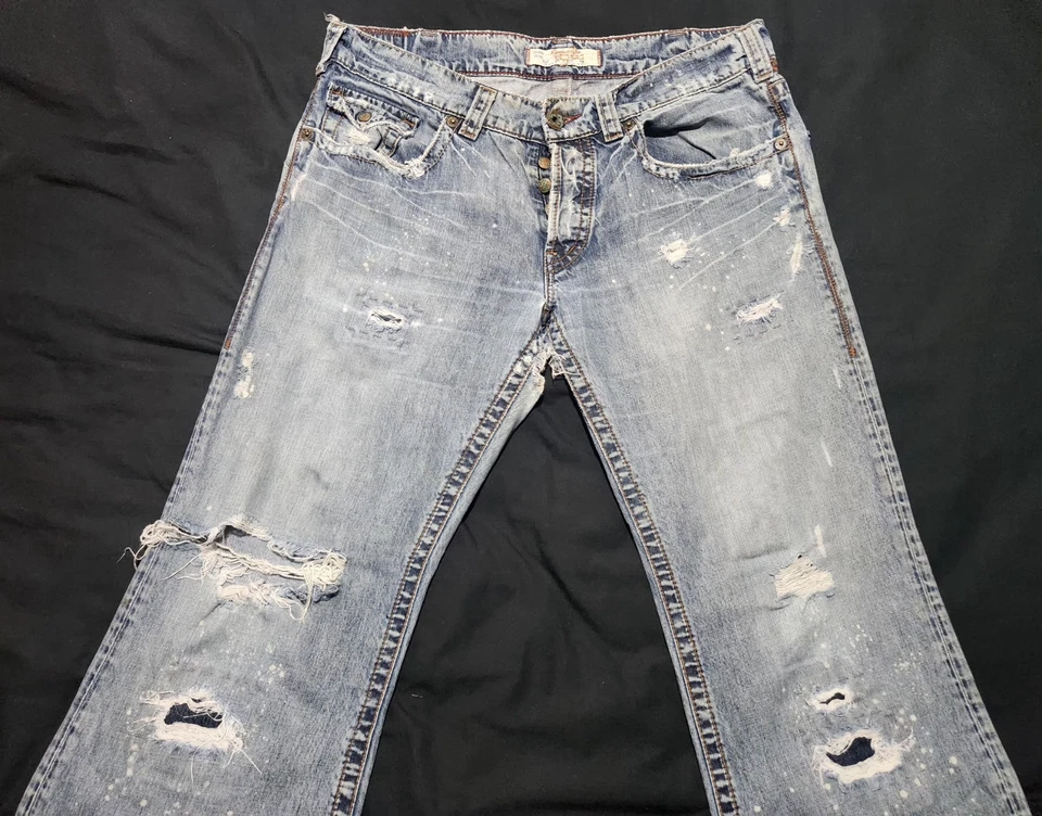 Pantalones de mezclilla rasgados Y2K 2000s 1921 talla 36 x 34 bootcut desgastados grunge aplastados Foto 3 de 4