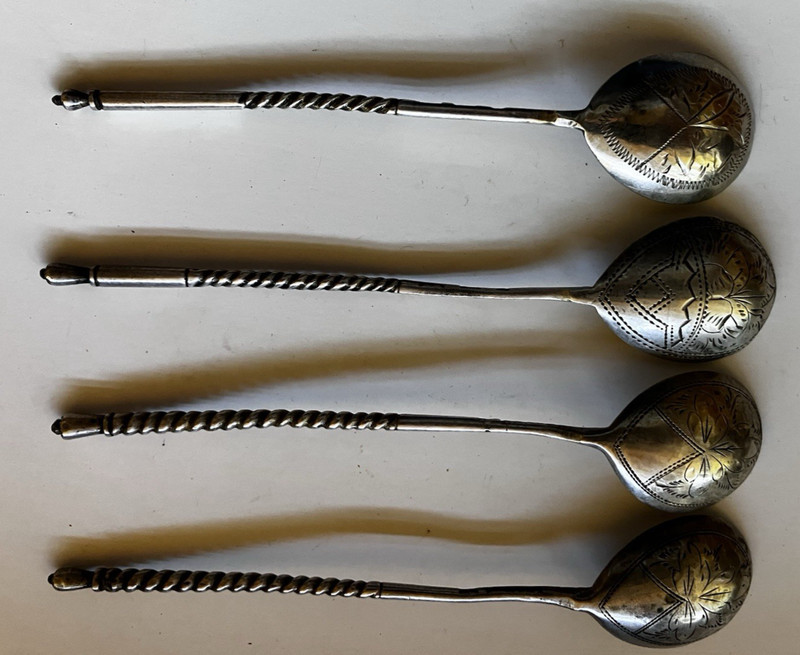 4 Antique Russian Spoons, 84 Silver, 5+ Inches, Kokoshnik Mark? 1876, 3 designs