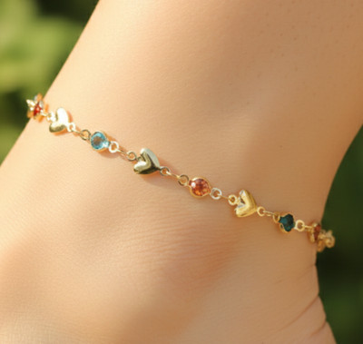 18K Gold Plated Heart Anklet for Women Multi Color Emerald Ruby Sapphire Anklet