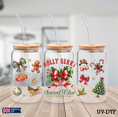 Holly Berry Weihnachten UV DTF Aufkleber - 16oz Libbey Dose Glasfolie yn629