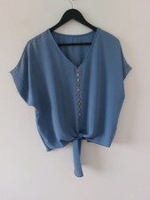 Womens Blouse Shirt Tie Top Size 16 Blue Short Sleeved Italian Smart Work Ladies