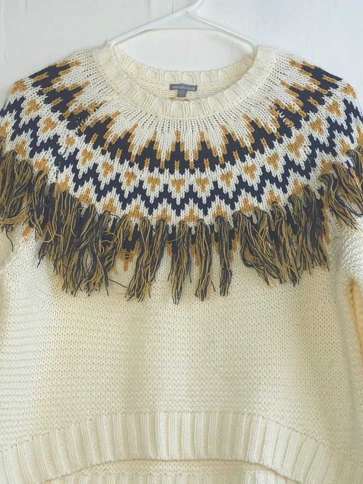 Charlotte Russe Fair Isle вязаный свитер женщин M крем кисточки ворота акрил - Изображение 3 из 4