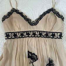 SUE WONG Nocturne 100 Silk Beige Black Embroidered Beaded Cocktail Dress Size 2