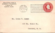 POSTAL HISTORY COVER CORNER CARD ALBERT E. PILLSBURY BAR "SOUTH POSTAL STATION"