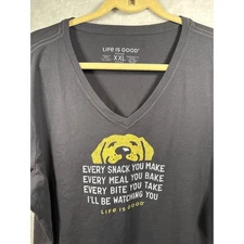 Life is Good Womens Crusher T Shirt XXL Dog Snack Watching Graphic V Neck Gray