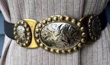 VTG Black Leather Medallion Belt Gold Silver Hippie Boho Statement Belt S/M