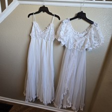 FLAWS Vintage Tosca Peignoir Set Medium Bridal White Lace Chiffon Gown Robe