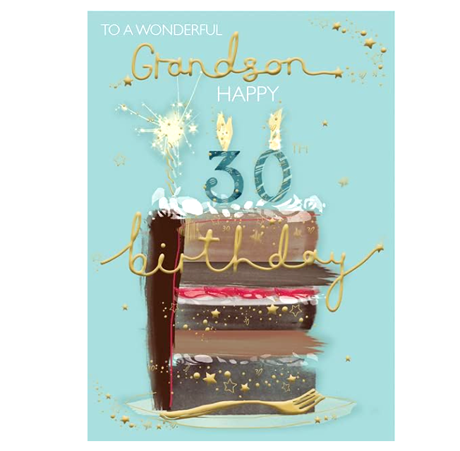 Birthday Card GRANDSON 30th. **9 Inch Card. Gold foiling. Paper pages inside**