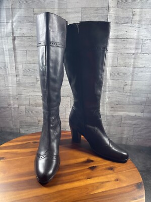 Caprice Wingtip Boots Women 9.5 M Shoes Black Leather Comfort Zip Knee High Heel