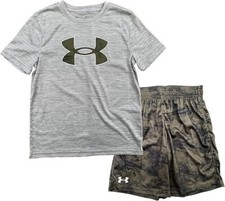 Under Armour Boy's Short Sleeve Shirt and Short 2 Piece Set Grey/Olive Green- YM