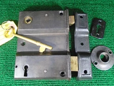 CIRCA 1880 RH COTTAGE RIM LOCK SET w/ KEY, KEEPER, & ESCUTCHEONs  (17545-3)