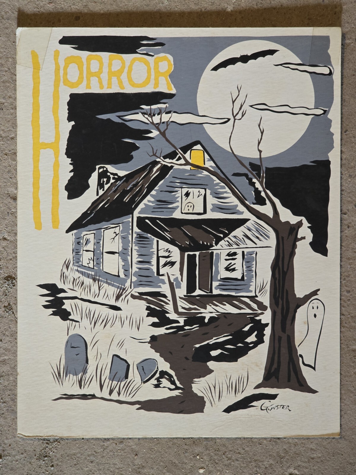 Horror Themed Silkscreen Art Print Signed Gunster on Cardboard Graveyard Spooky