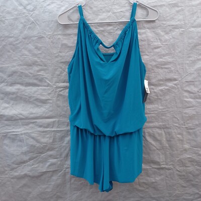 Aqua Green Swimsuit 16 Womens Blue One Piece Swim Romper Pockets UPF 50+  MRSP$50