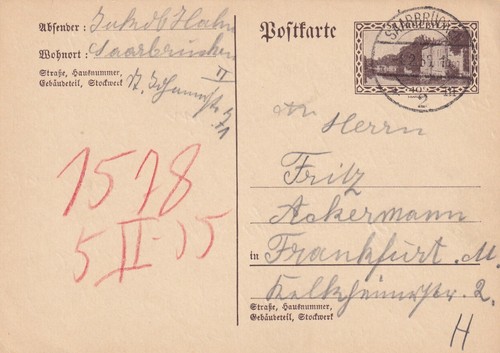 8381-GERMANY, SAARBRUCKEN , C.P. 40c FOR FRANKFURT, 1935
