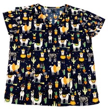 Women's Halloween Christmas Medical Scrub Tops Llamaween Navy Base 2XL