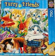 FURRY FRIENDS FISHING KITTENS Goldfish 750pc puzzle 24x18 Jenny Newland RARE HTF