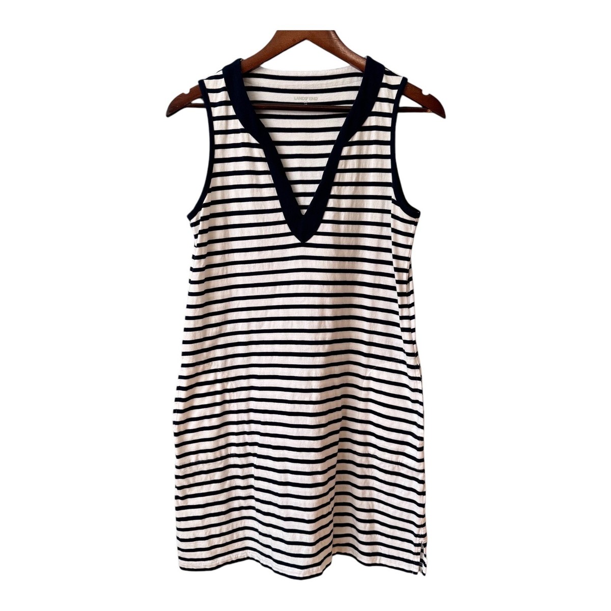LANDS END Blue White Stripe Cotton Jersey Sleeveless Swim Cover-Up Dress  Small