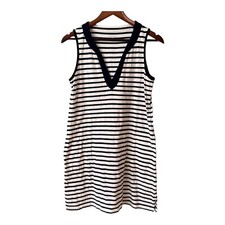 LANDS  END Blue White Stripe Cotton Jersey Sleeveless Swim Cover-Up Dress Small