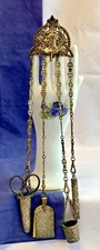 Antiq Seamstress Chatelaine Clip Silver Plate Thimble Notepad Sterling Scissors
