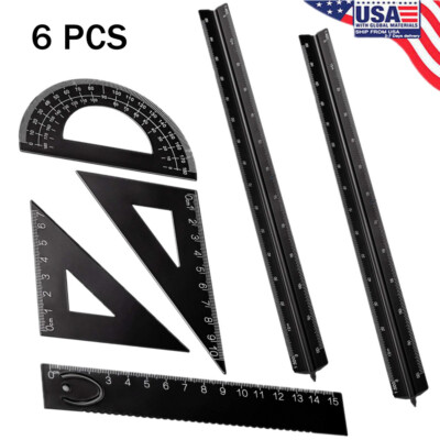 6 Pcs Triangular Ruler Set Aluminum Architect Ruler Engineering Scale 12 Inch