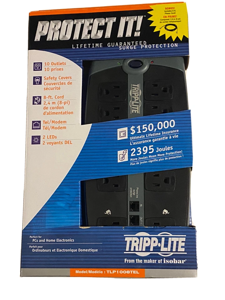 Tripp Lite TLP1008TEL 10 Outlet Surge Protector Power Strip 8ft Cord, NEW IN BOX - Image 3 of 4